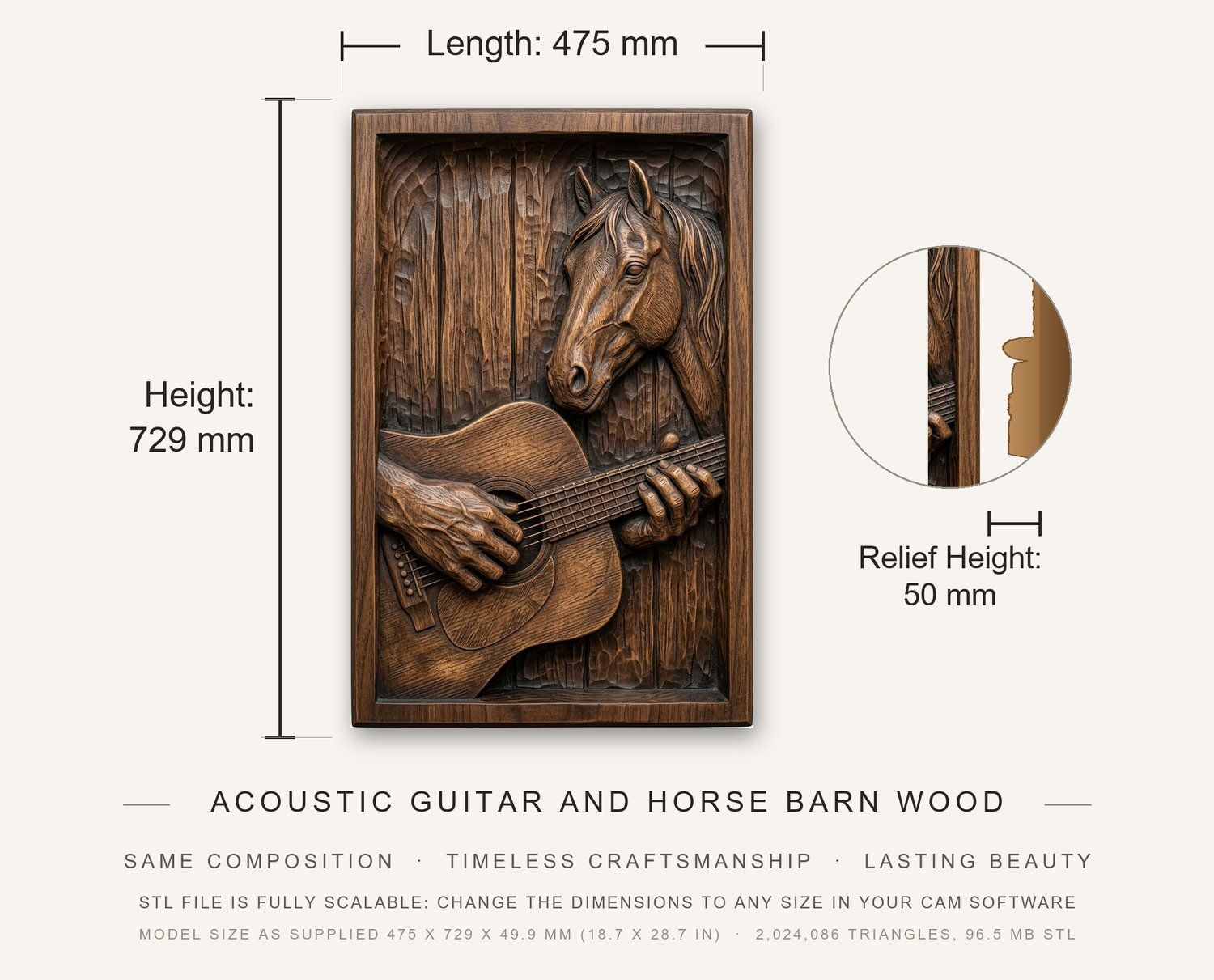 Acoustic Guitar and Horse Barn Wood CNC Relief STL bas-relief STL — view 3