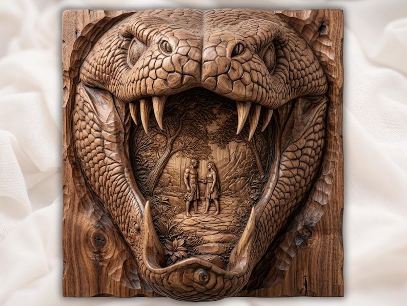 Carved wood relief of a snake with open jaws and fangs framing Adam and Eve standing in the Garden of Eden