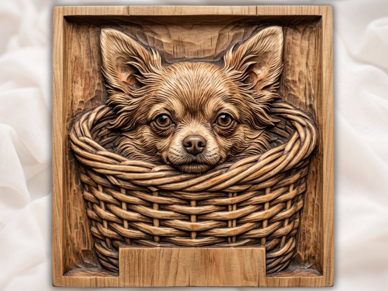 Adorable Chihuahua Puppy In Basket CNC Relief STL | Dog Lover Wood Carving Design | Canine Home Decor Wall Art Panel — carved bas relief STL file for CNC