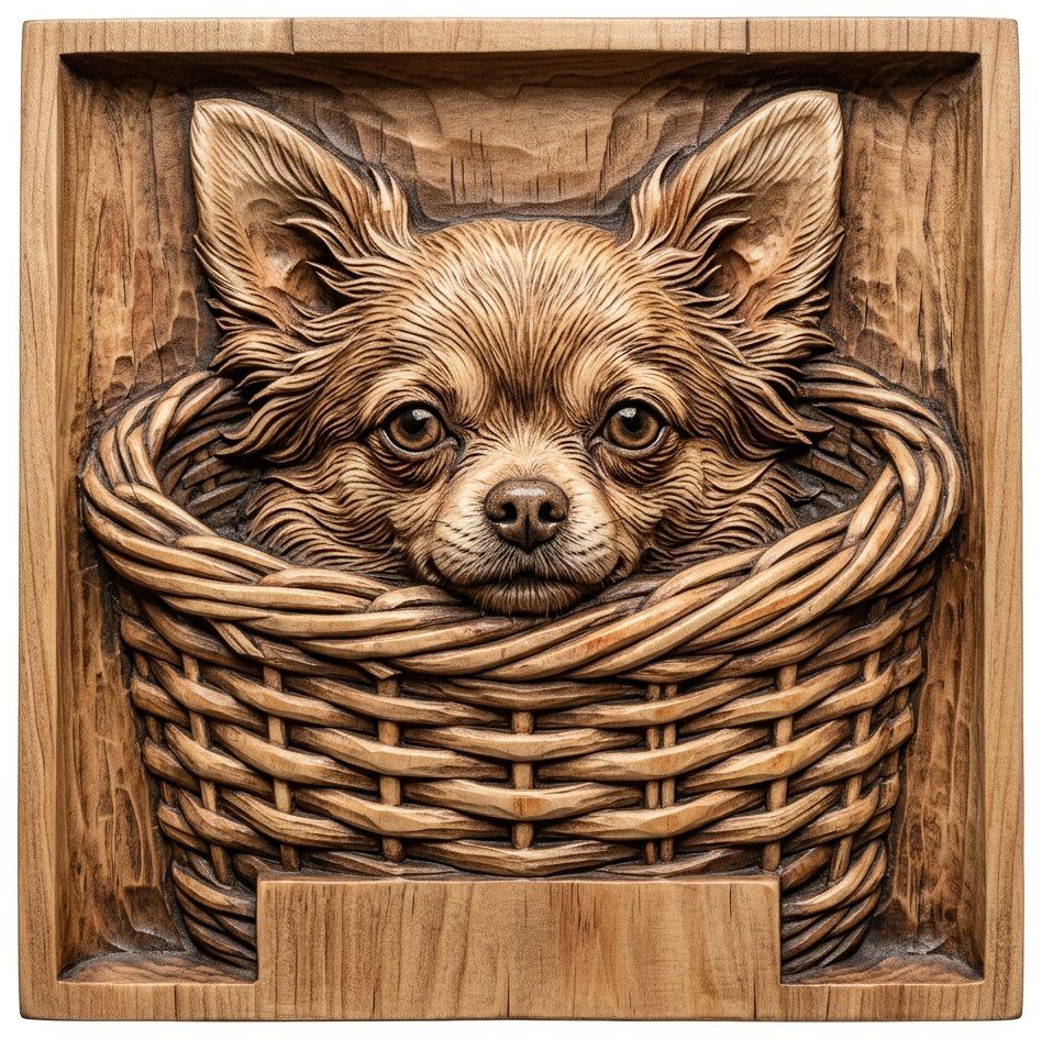 Adorable Chihuahua Puppy In Basket CNC Relief STL bas-relief STL — view 10