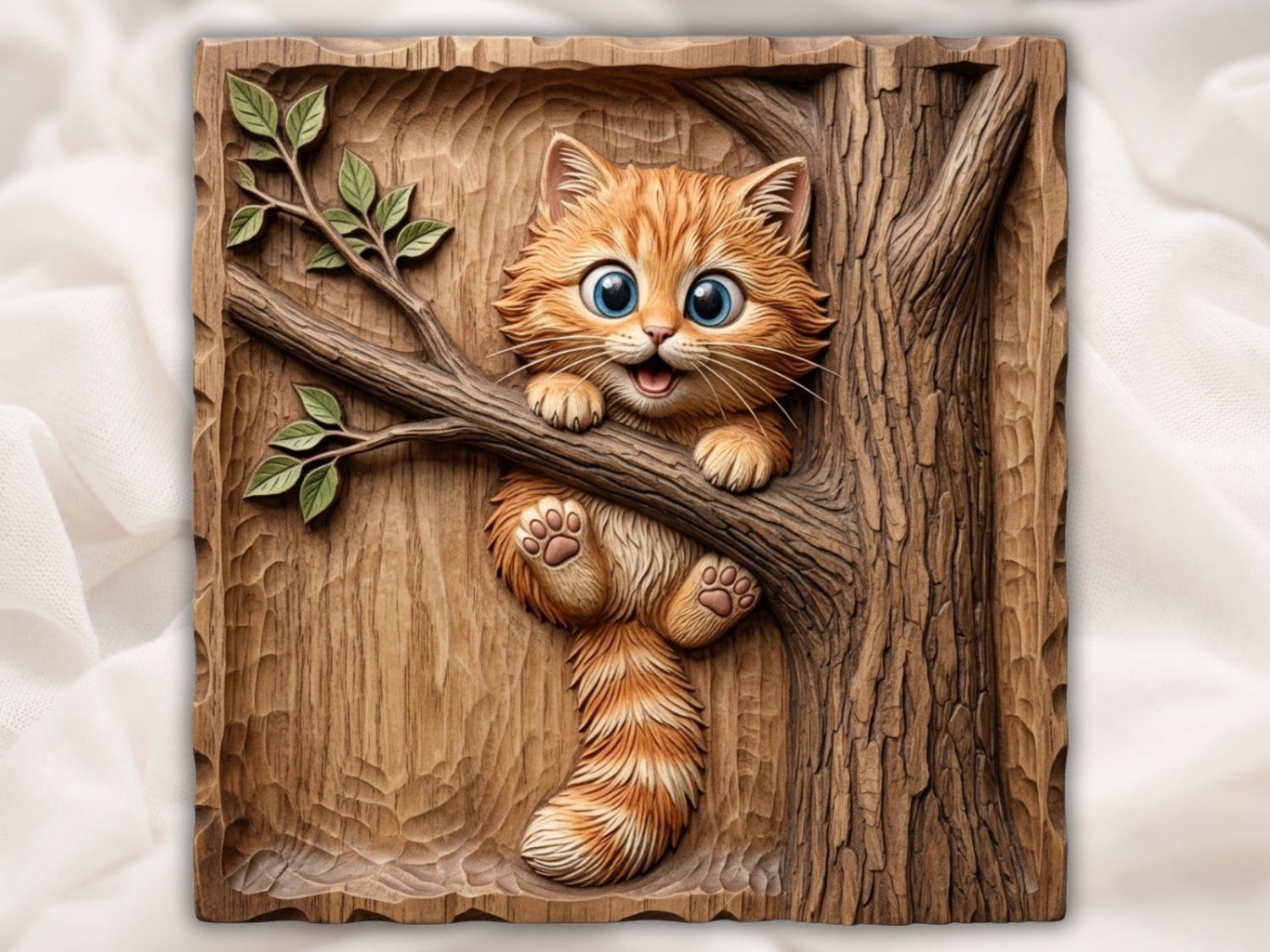 Adorable Ginger Kitten Playing On Tree Branch CNC Relief STL | Whimsical Cat Wall Art Design | Nursery Decor Wood Carving Pattern — carved bas relief STL file for CNC