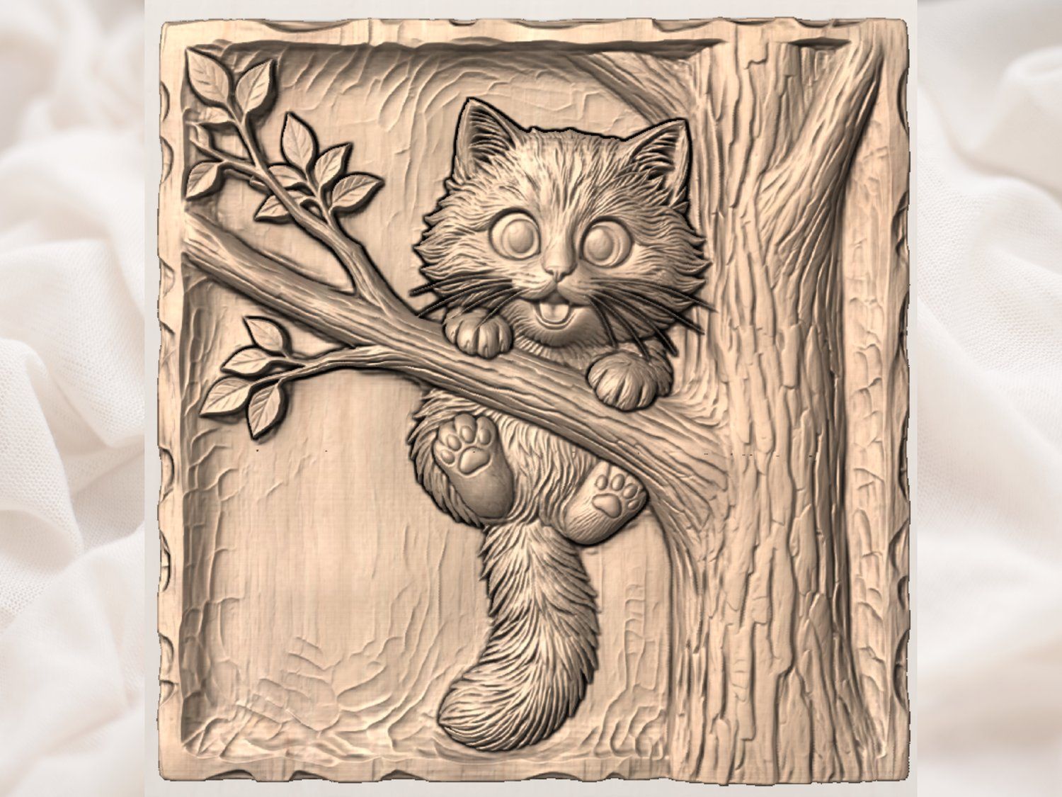 Adorable Ginger Kitten Playing On Tree Branch CNC Relief STL bas-relief STL — view 2
