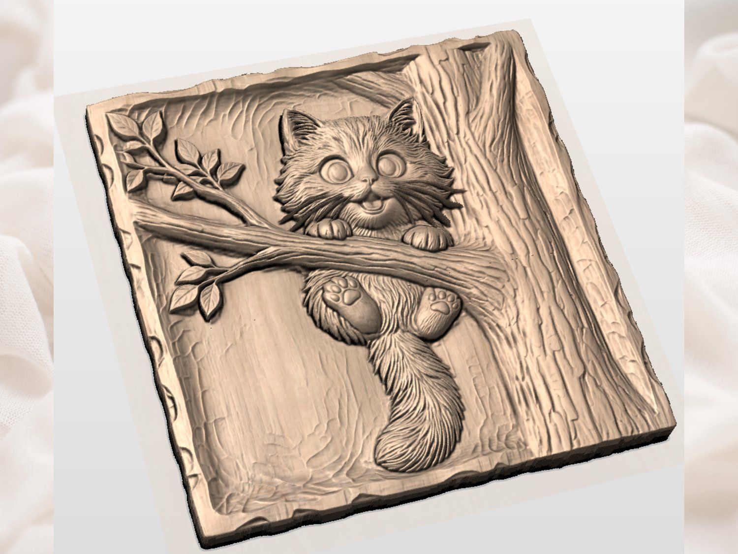 Adorable Ginger Kitten Playing On Tree Branch CNC Relief STL bas-relief STL — view 3