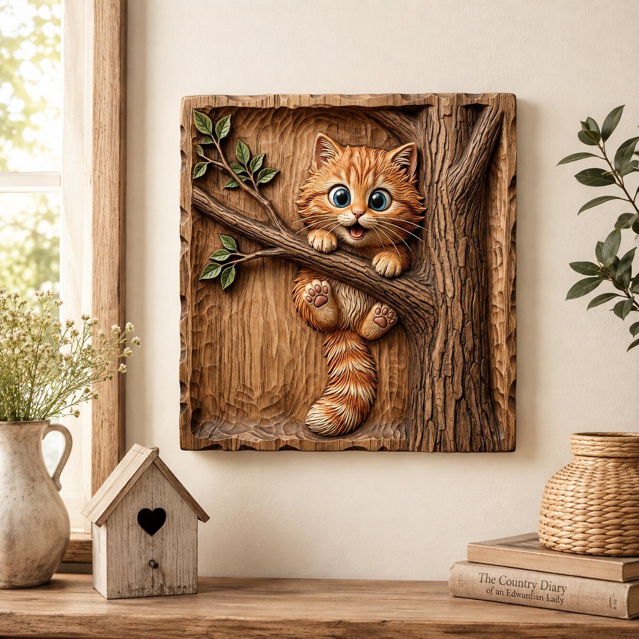 Adorable Ginger Kitten Playing On Tree Branch CNC Relief STL bas-relief STL — view 4