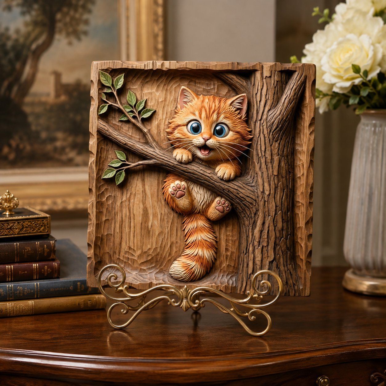 Adorable Ginger Kitten Playing On Tree Branch CNC Relief STL bas-relief STL — view 5