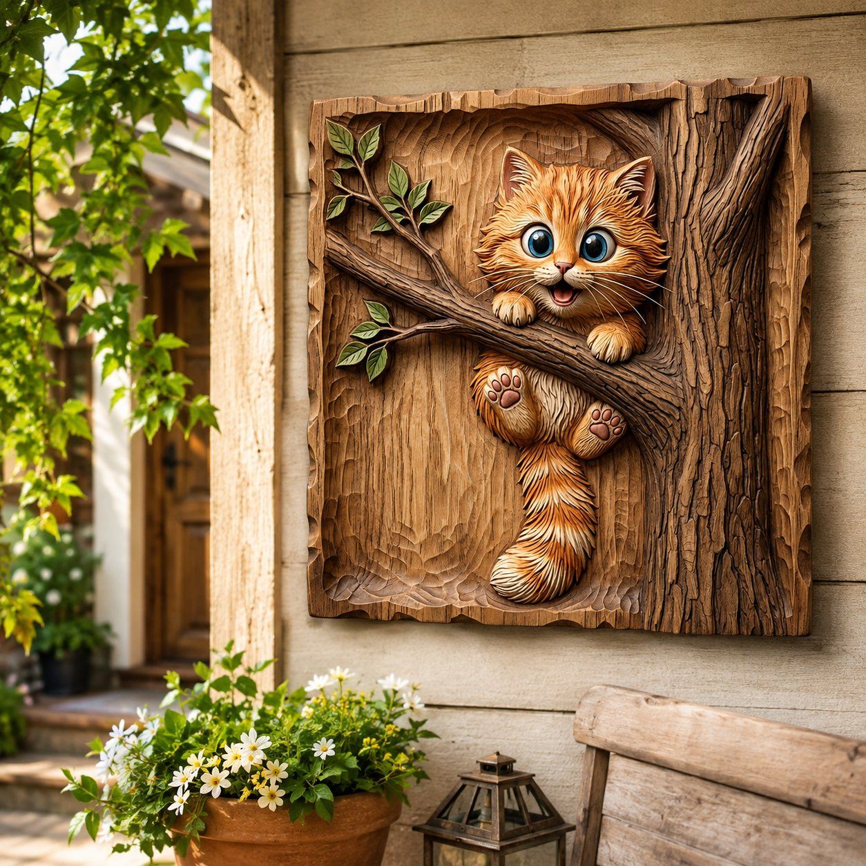 Adorable Ginger Kitten Playing On Tree Branch CNC Relief STL bas-relief STL — view 6