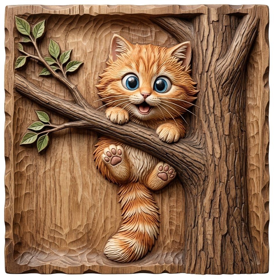 Adorable Ginger Kitten Playing On Tree Branch CNC Relief STL bas-relief STL — view 9