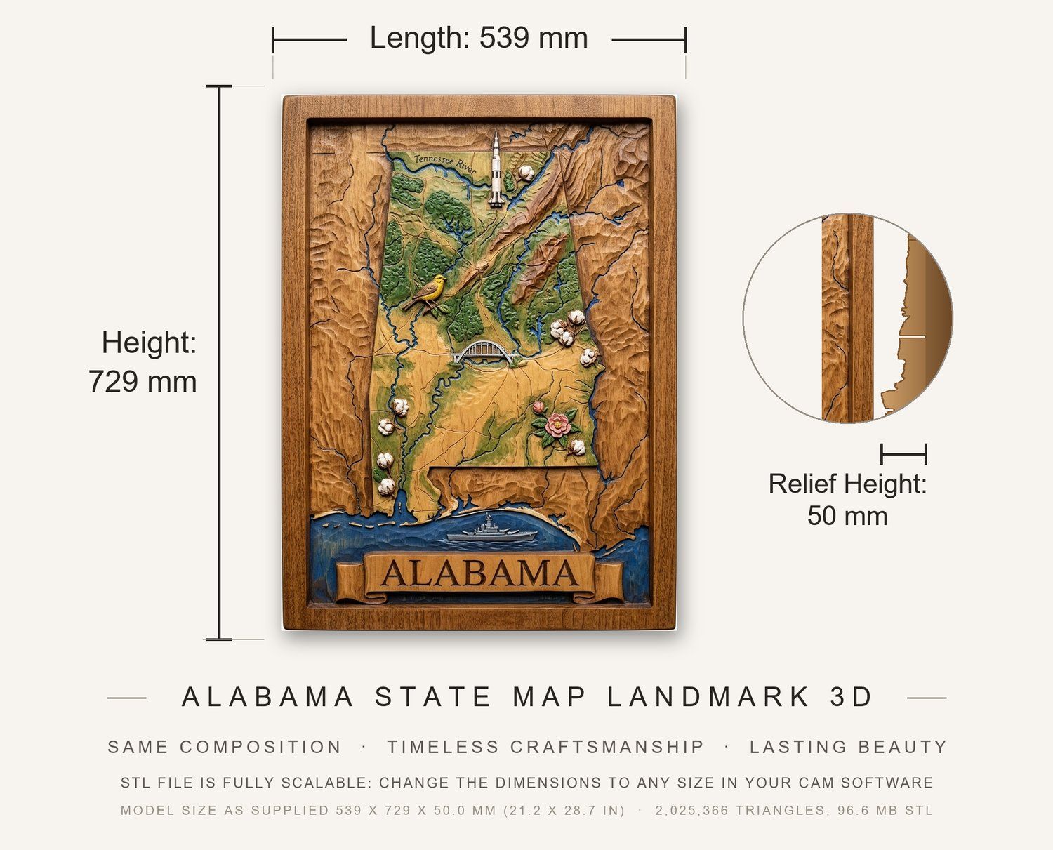 Alabama State Map Landmark 3D CNC Relief STL bas-relief STL — view 3