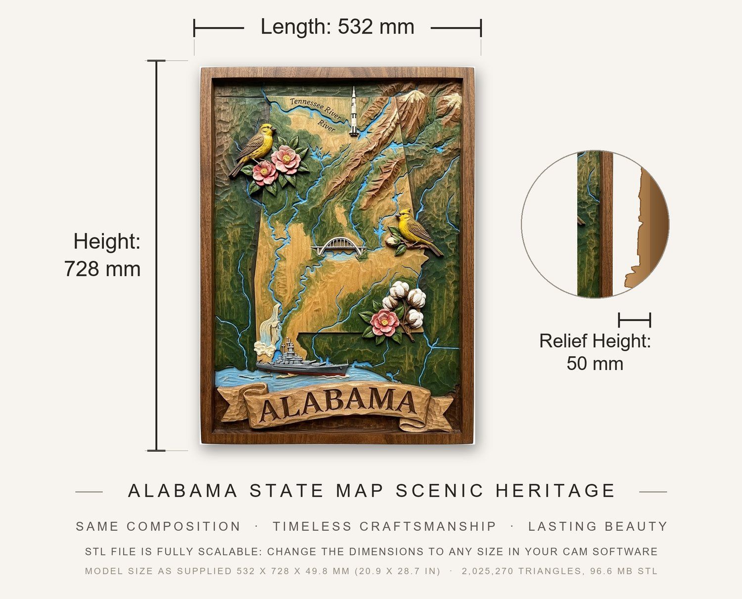 Alabama State Map Scenic Heritage CNC Relief STL bas-relief STL — view 3