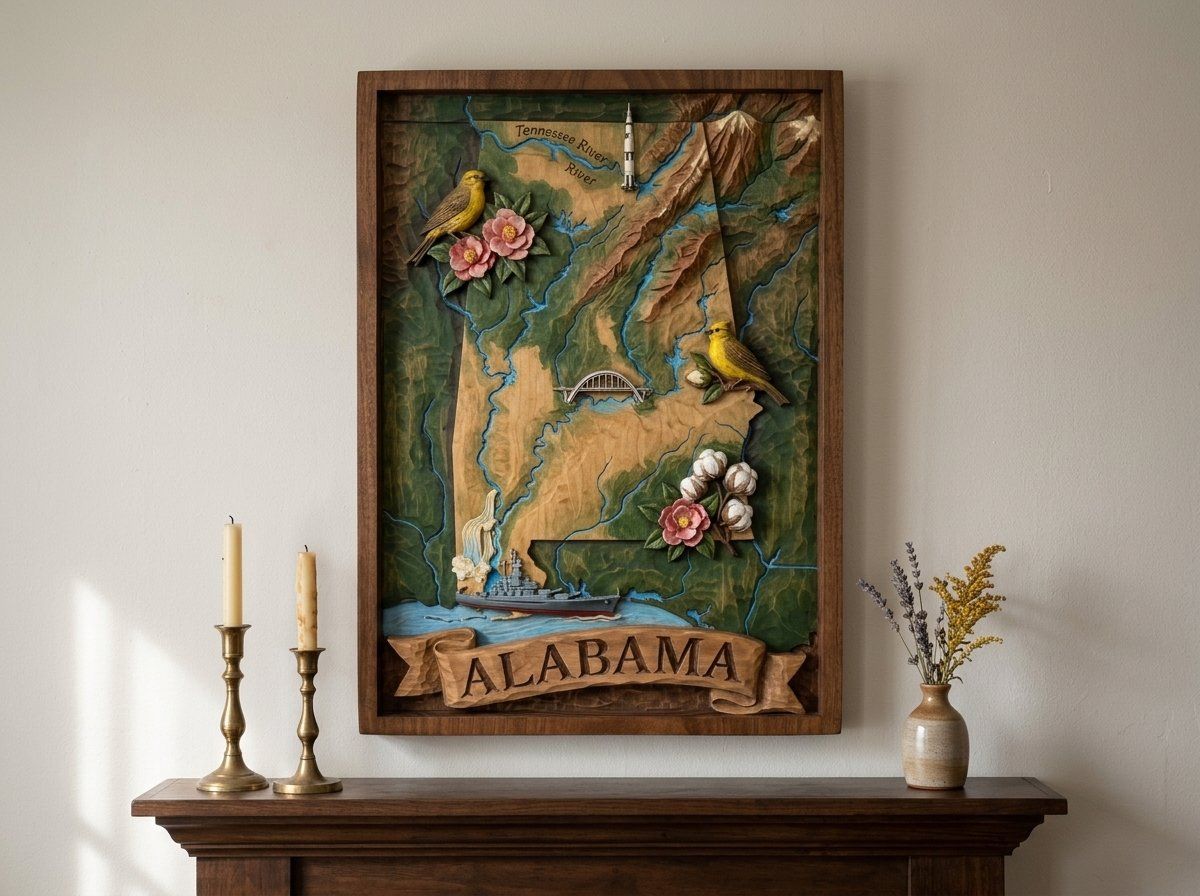 Alabama State Map Scenic Heritage CNC Relief STL bas-relief STL — view 13
