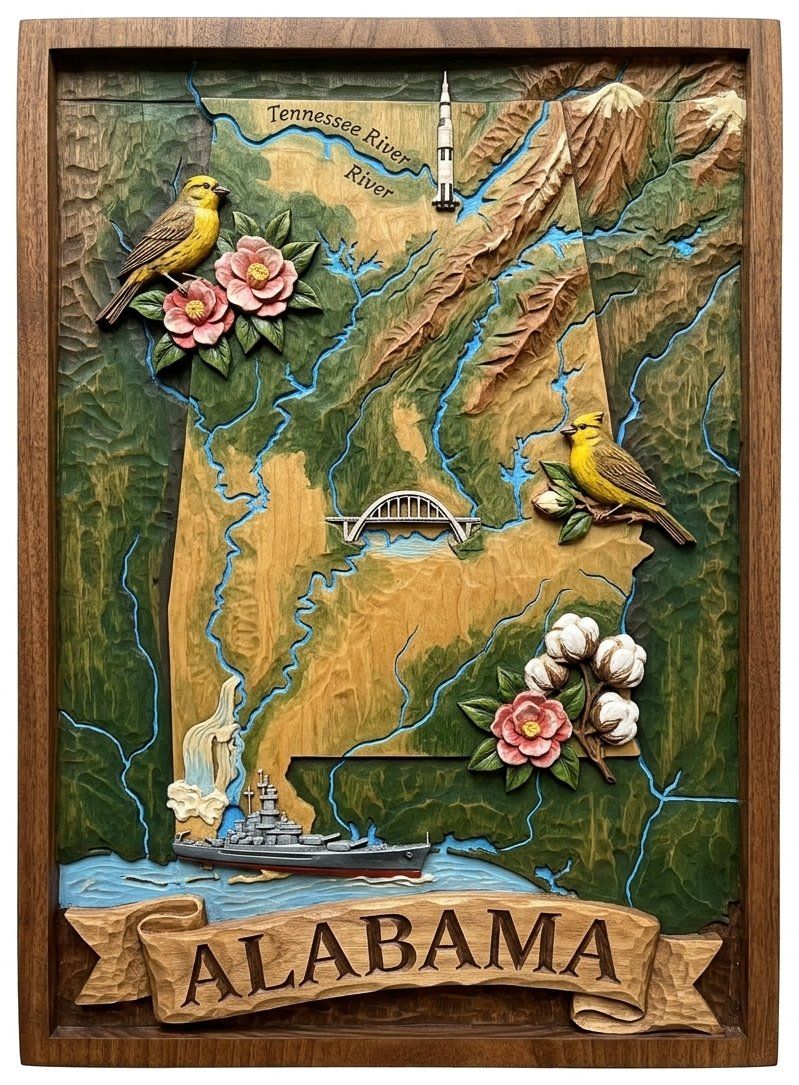 Alabama State Map Scenic Heritage CNC Relief STL bas-relief STL — view 4