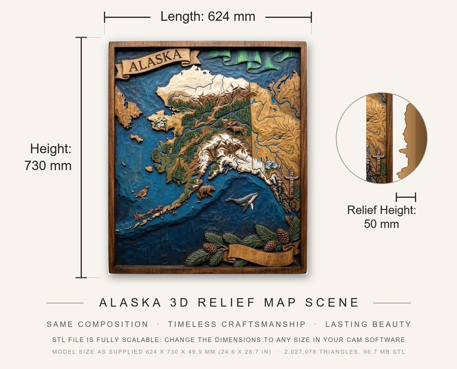 Alaska 3D Relief Map Scene CNC Relief STL bas-relief STL — view 3