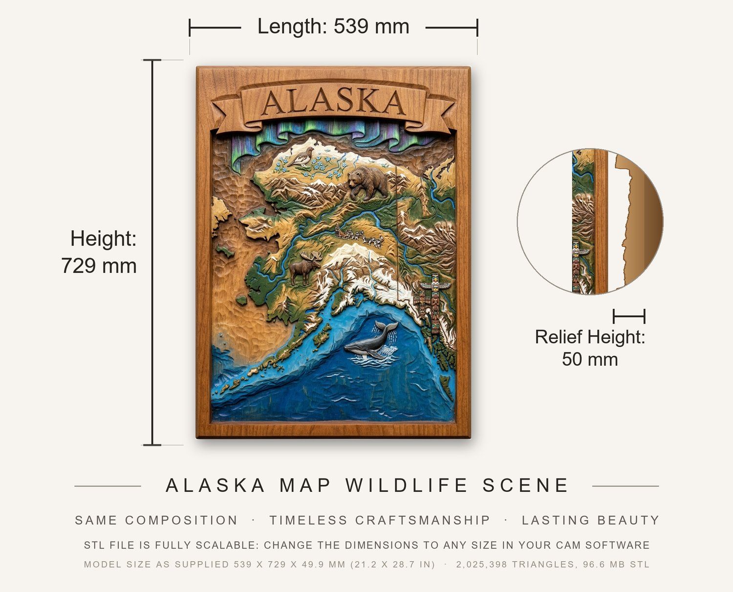 Alaska Map Wildlife Scene CNC Relief STL bas-relief STL — view 3