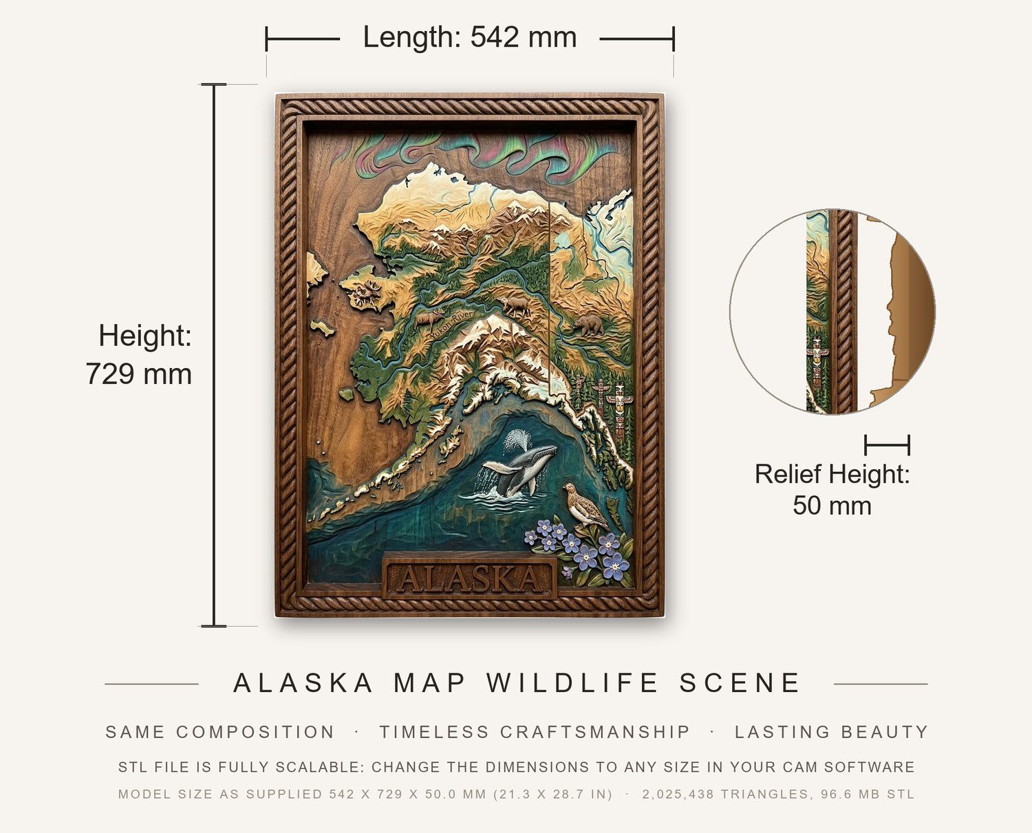 Alaska Map Wildlife Scene CNC Relief STL bas-relief STL — view 3