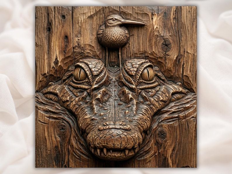 Carved wood relief of a crocodile head with a small bird perched between its eyes, deep scale texture
