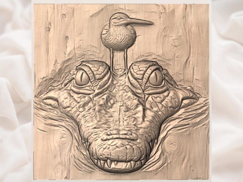 Crocodile Head and Perched Sandpiper Wood Relief STL Carving bas-relief STL — view 2