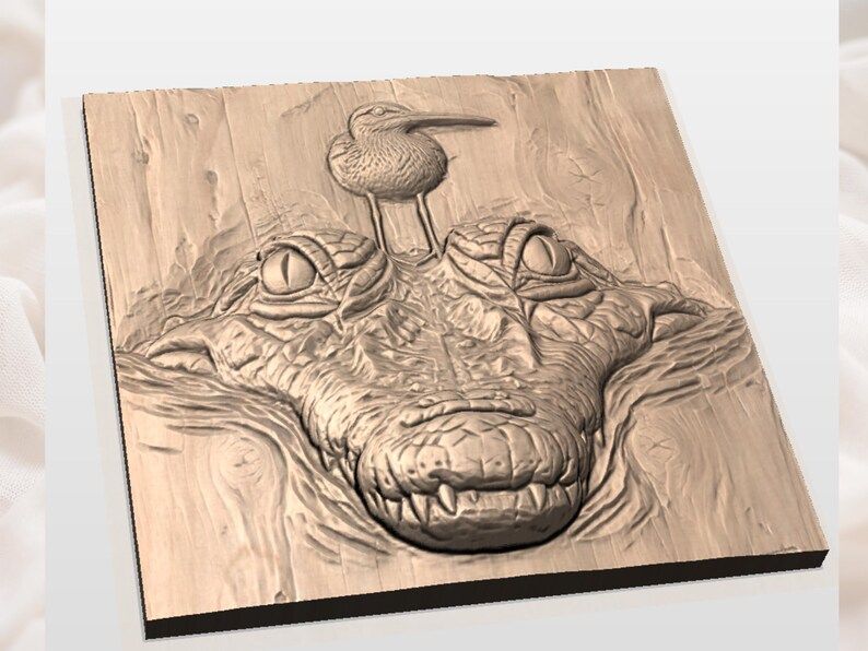 Crocodile Head and Perched Sandpiper Wood Relief STL Carving bas-relief STL — view 3