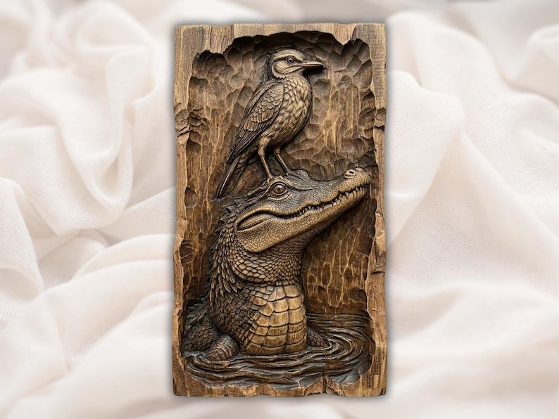 Carved wood bas-relief of an alligator rising from water with a small bird perched on its head