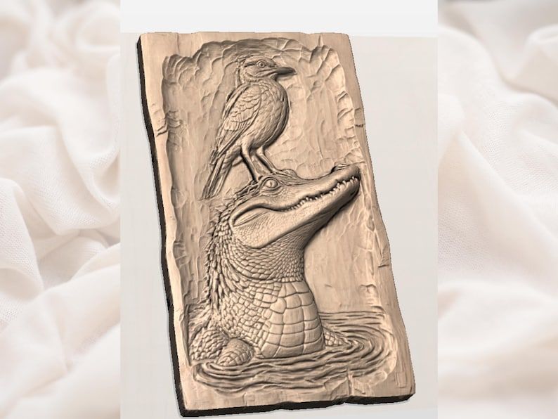 Alligator and Perched Bird Bas-Relief STL for CNC Carving bas-relief STL — view 2