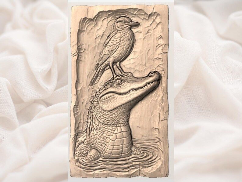 Alligator and Perched Bird Bas-Relief STL for CNC Carving bas-relief STL — view 3
