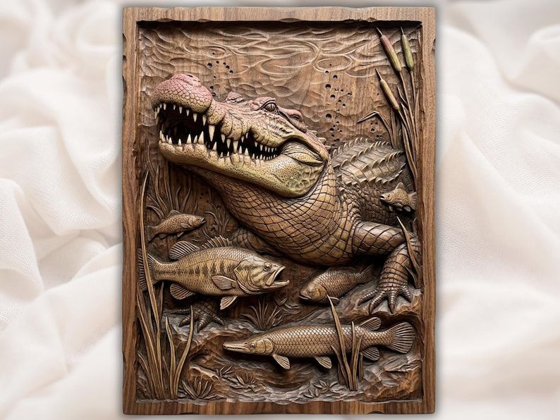 Carved wood relief of an alligator with open jaws rising over bass and gar fish among swamp reeds