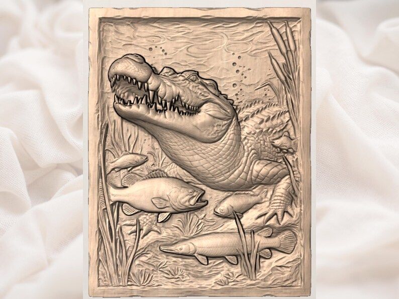 Alligator and Fish Swamp Scene Bas-Relief STL Carving bas-relief STL — view 2