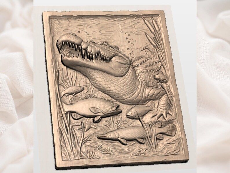 Alligator and Fish Swamp Scene Bas-Relief STL Carving bas-relief STL — view 3