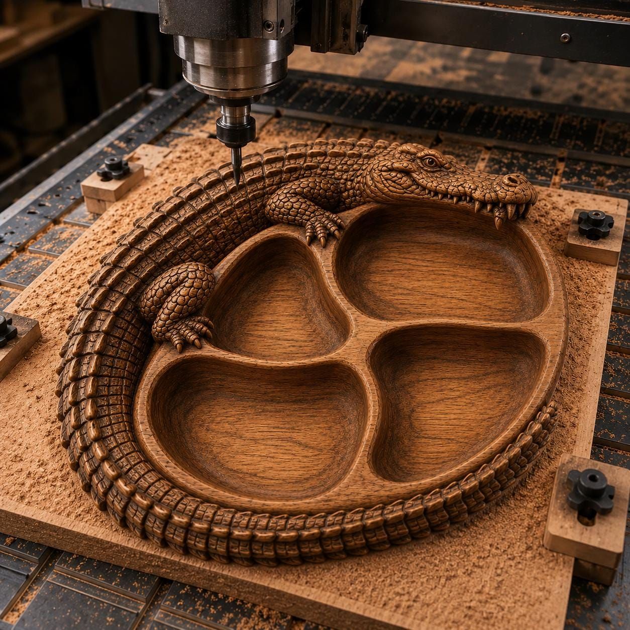 Carved wooden serving tray with an alligator wrapped around the rim and four scooped compartments