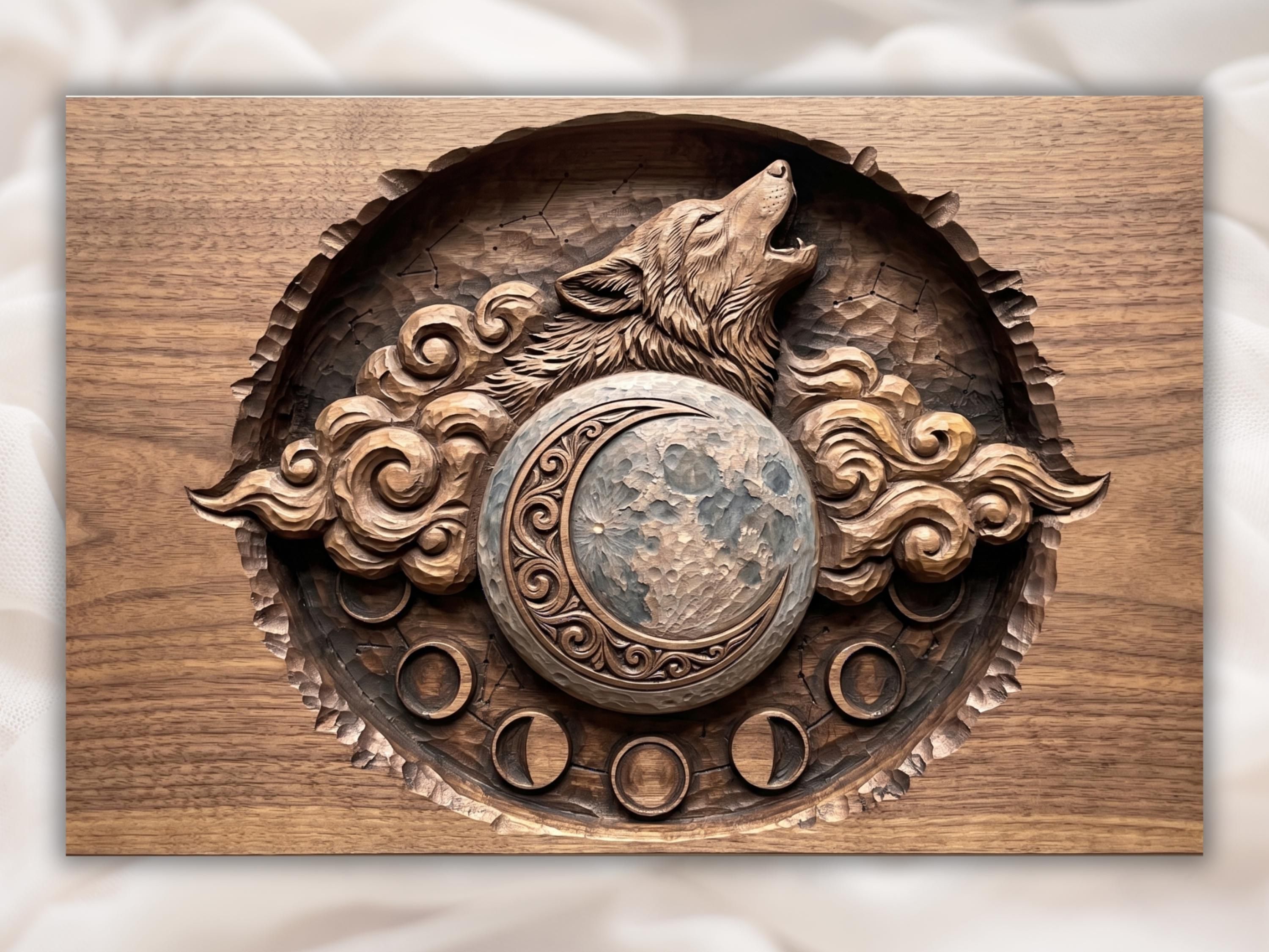 Carved wood bas-relief of a howling wolf above a crescent moon with scrollwork and moon phases below.