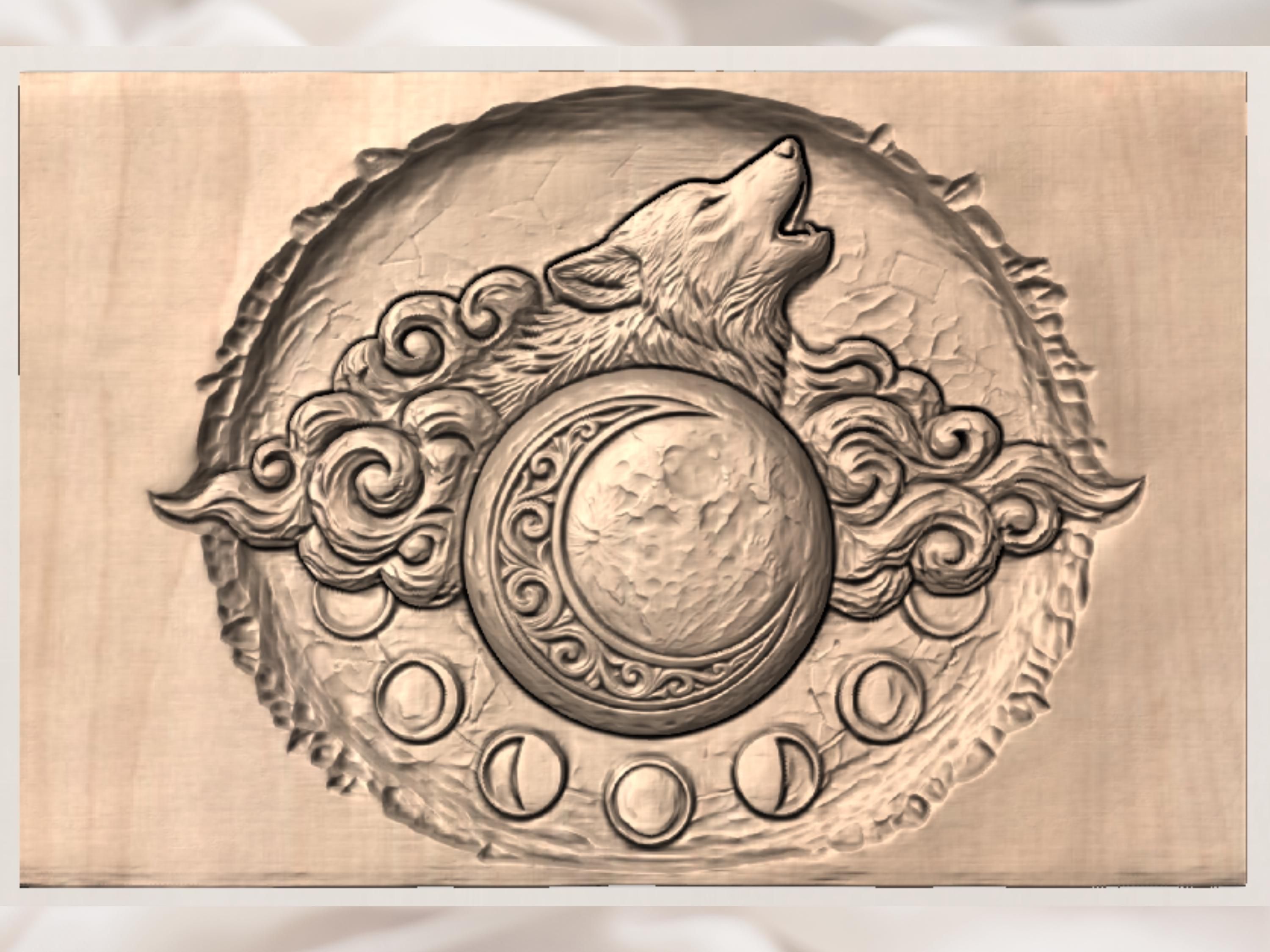 Howling Wolf and Crescent Moon Phases Bas-Relief STL bas-relief STL — view 2