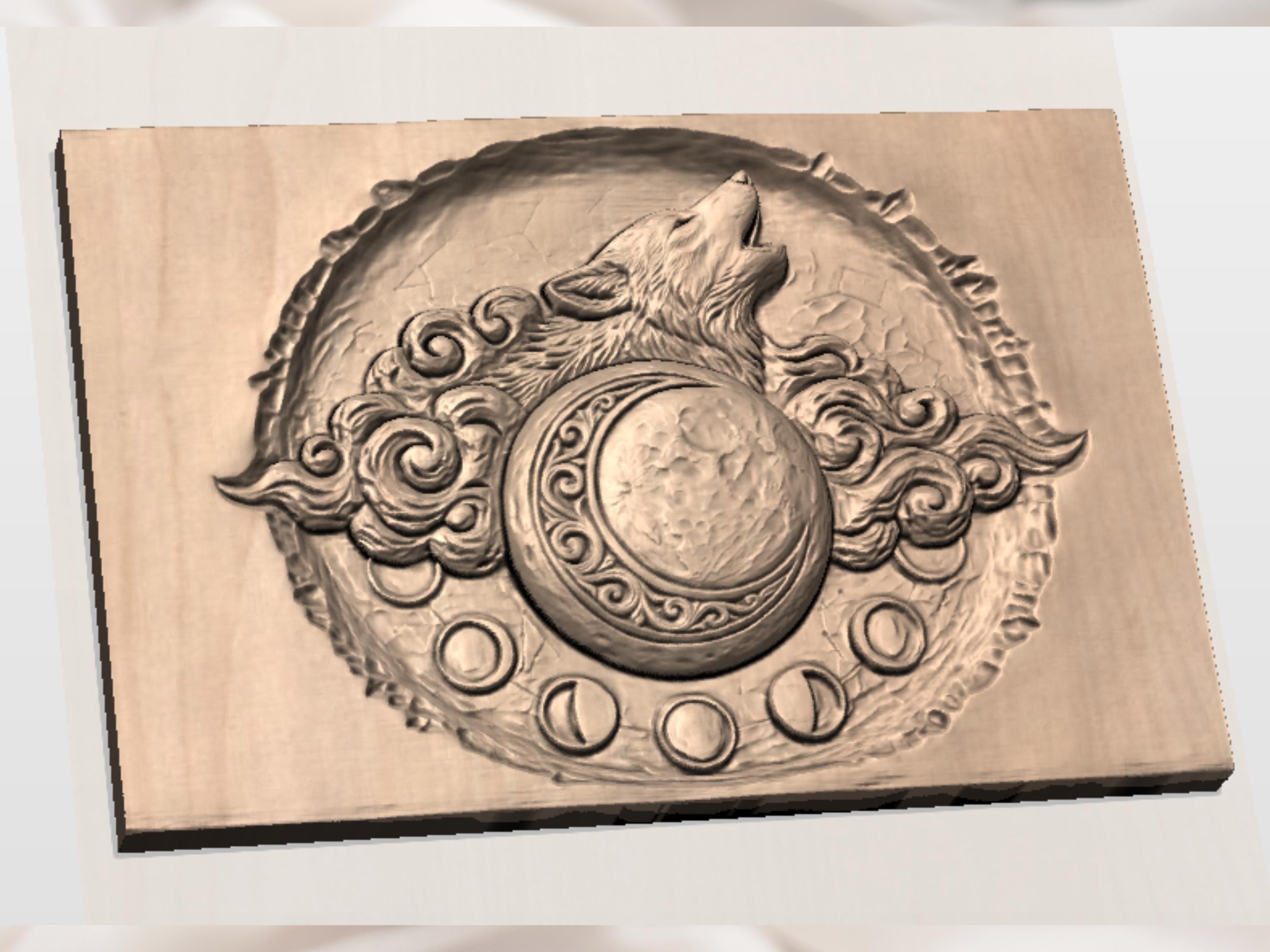 Howling Wolf and Crescent Moon Phases Bas-Relief STL bas-relief STL — view 3