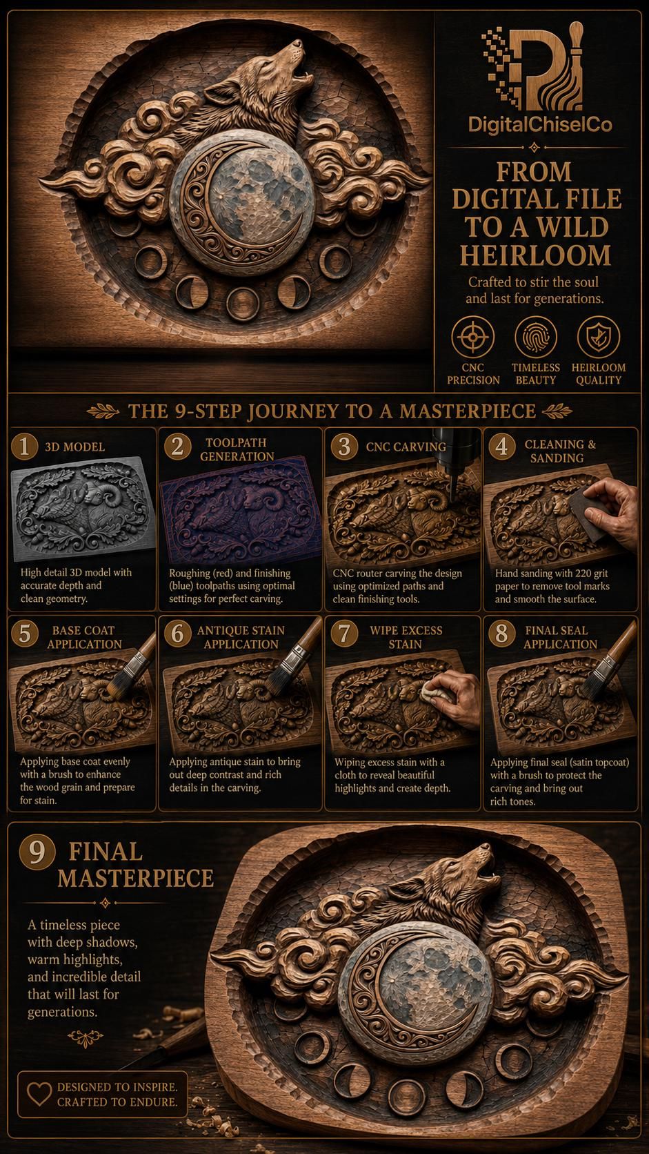 Howling Wolf and Crescent Moon Phases Bas-Relief STL bas-relief STL — view 5