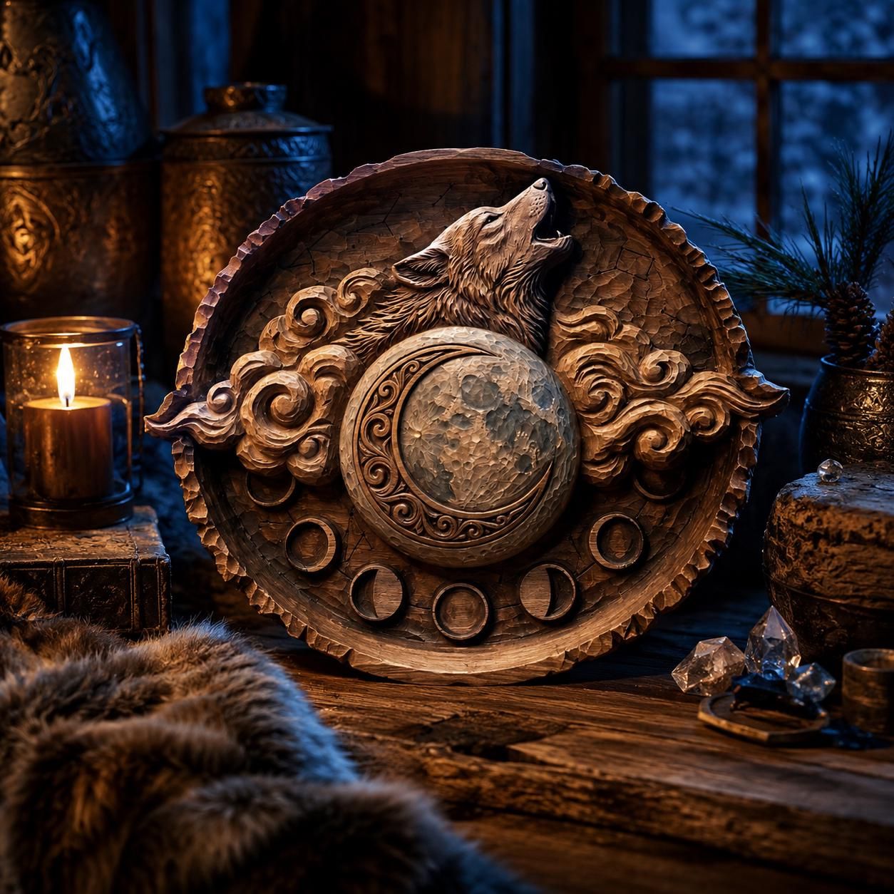 Howling Wolf and Crescent Moon Phases Bas-Relief STL bas-relief STL — view 6