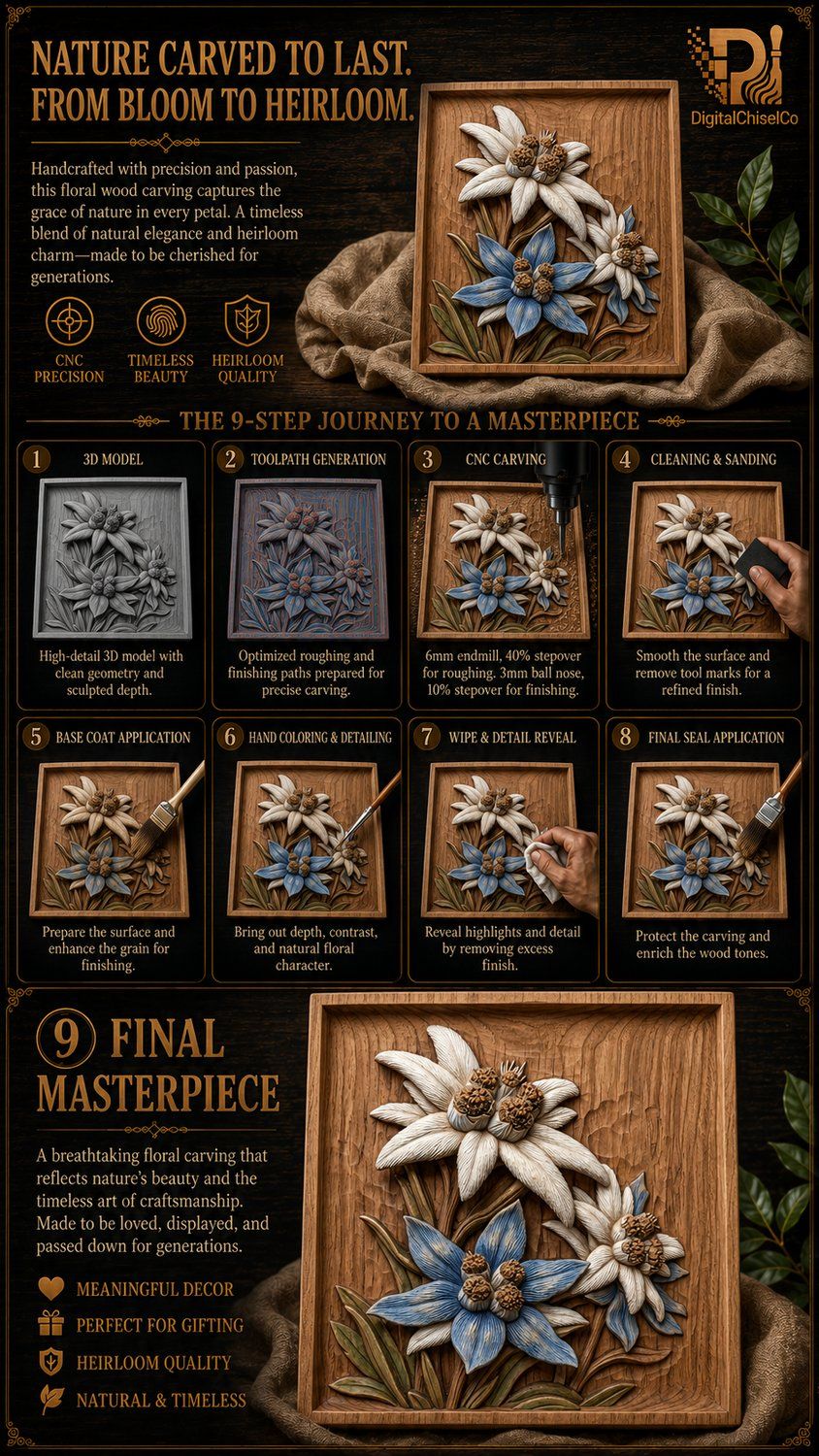 Alpine Edelweiss Flower Wall Art CNC Relief STL bas-relief STL — view 9