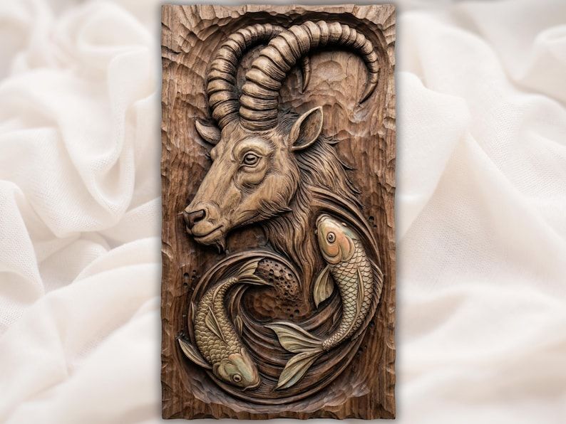 Carved wood bas-relief of an alpine ibex head with curling horns above two koi fish swirling in a circle.