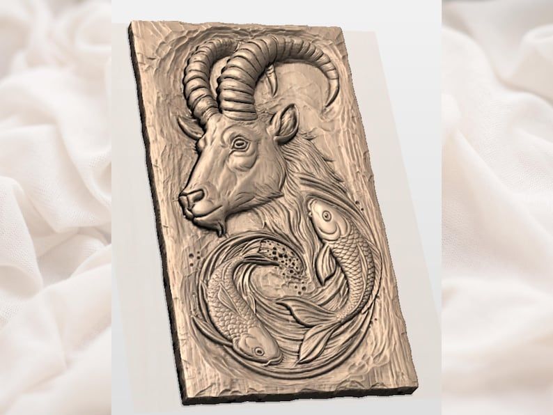 Alpine Ibex and Koi Fish Bas-Relief STL Carving bas-relief STL — view 2