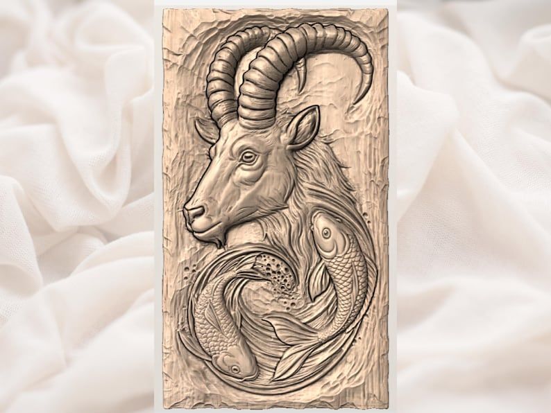 Alpine Ibex and Koi Fish Bas-Relief STL Carving bas-relief STL — view 3