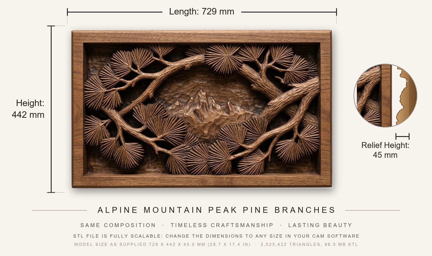 Alpine Mountain Peak Pine Branches CNC Relief STL bas-relief STL — view 3