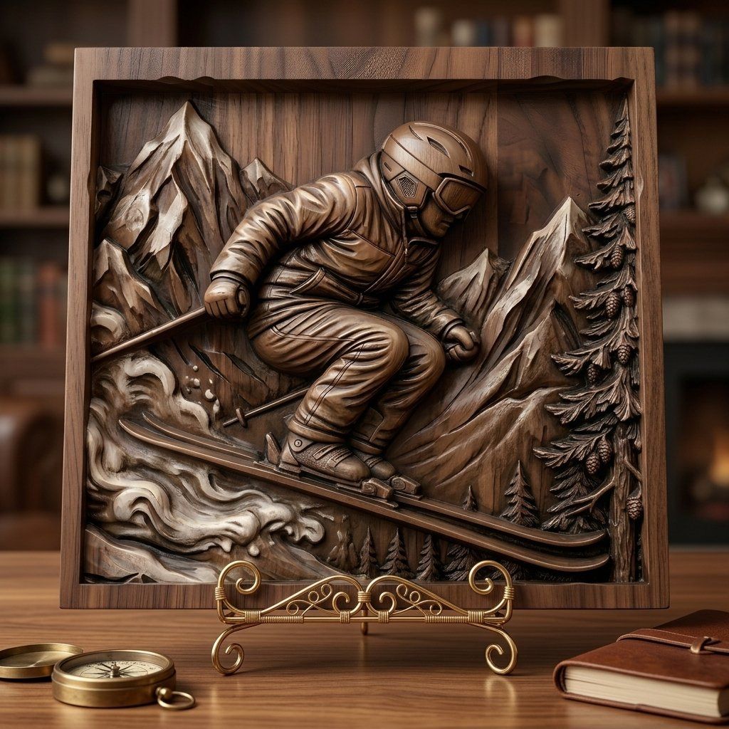 Alpine Skier Downhill Mountain Scene CNC Relief STL bas-relief STL — view 6