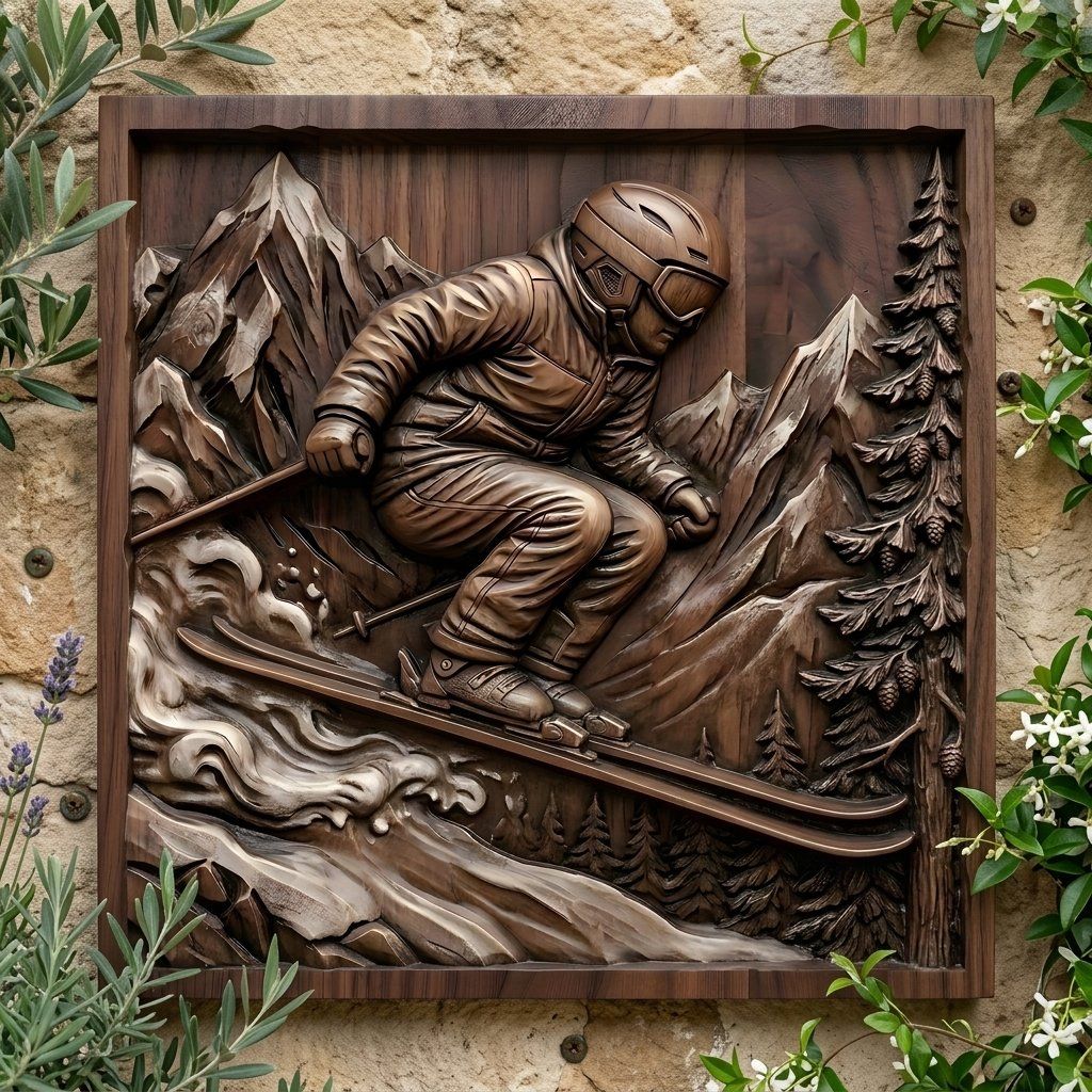 Alpine Skier Downhill Mountain Scene CNC Relief STL bas-relief STL — view 7