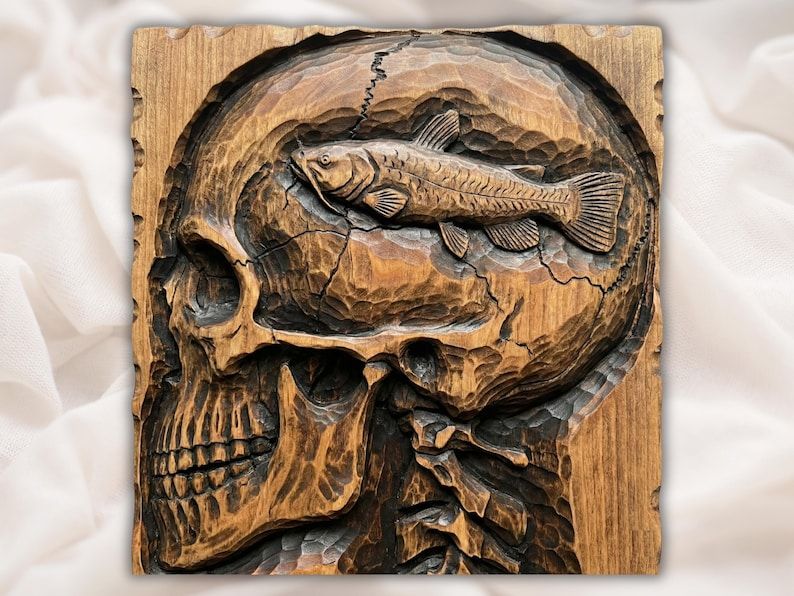 Carved wood bas-relief of a human skull in profile with a trout fish where the brain would sit