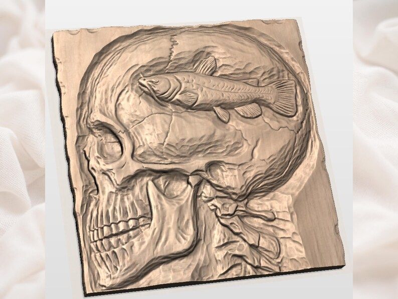 Skull and Trout Bas-Relief STL, Angler Fishing Wall Art bas-relief STL — view 2