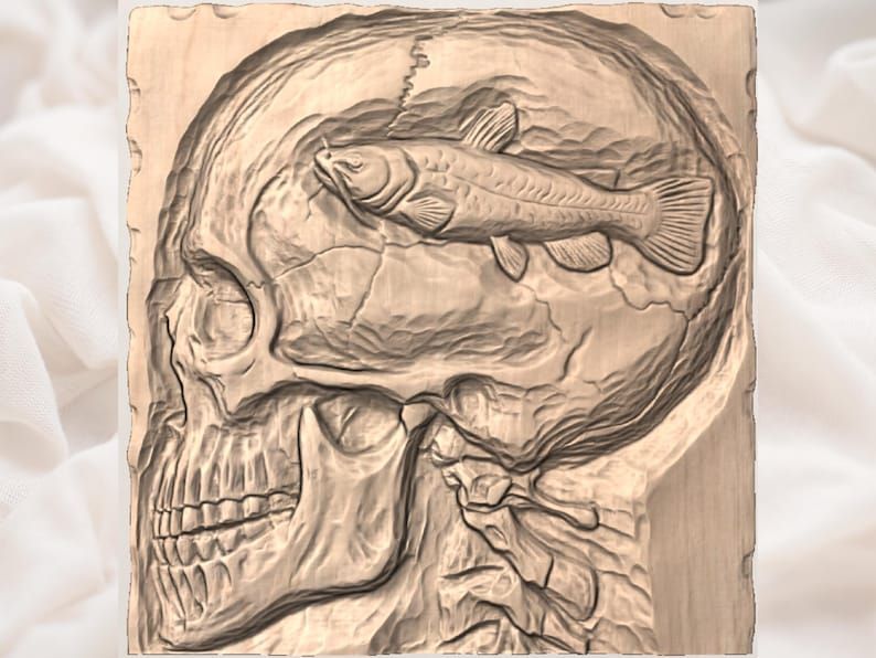 Skull and Trout Bas-Relief STL, Angler Fishing Wall Art bas-relief STL — view 3