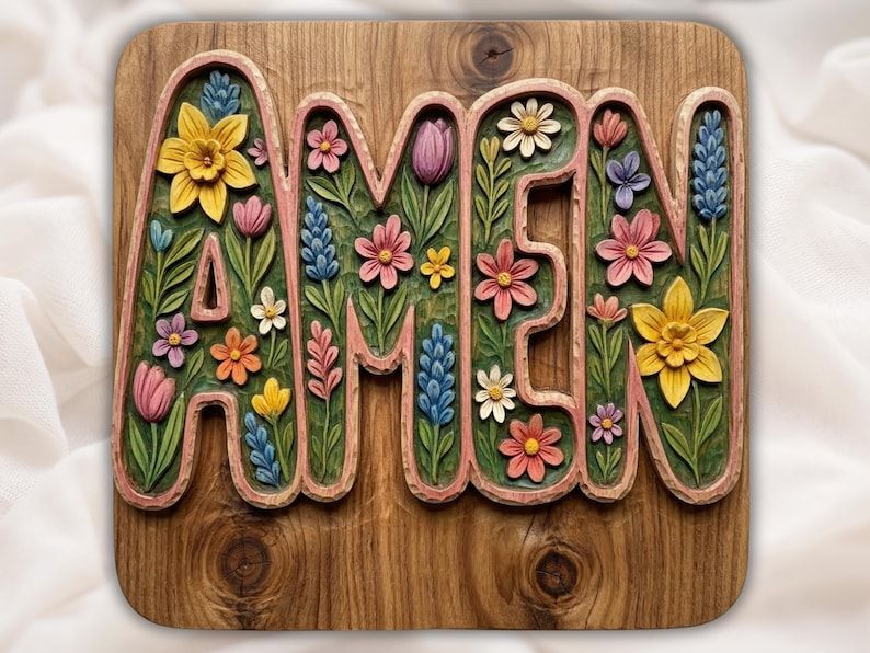 Bas-relief carving of the word AMEN filled with colorful wildflowers on a wood plaque
