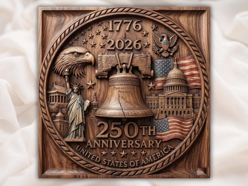 Carved wood bas-relief of Liberty Bell, bald eagle, Statue of Liberty, Capitol, flags, and USA 250th Anniversary text.