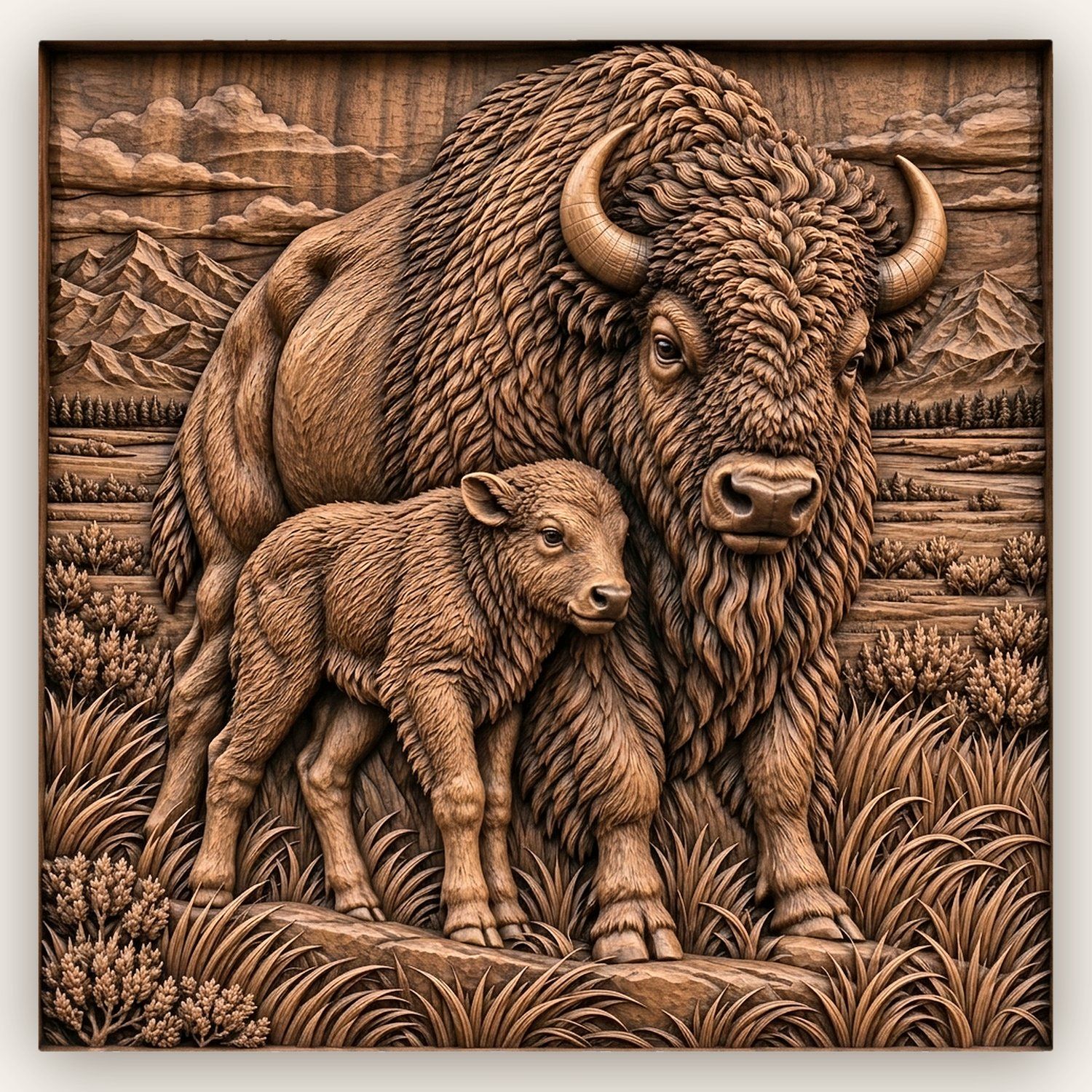 American Bison Buffalo and Calf CNC Relief STL bas-relief STL design