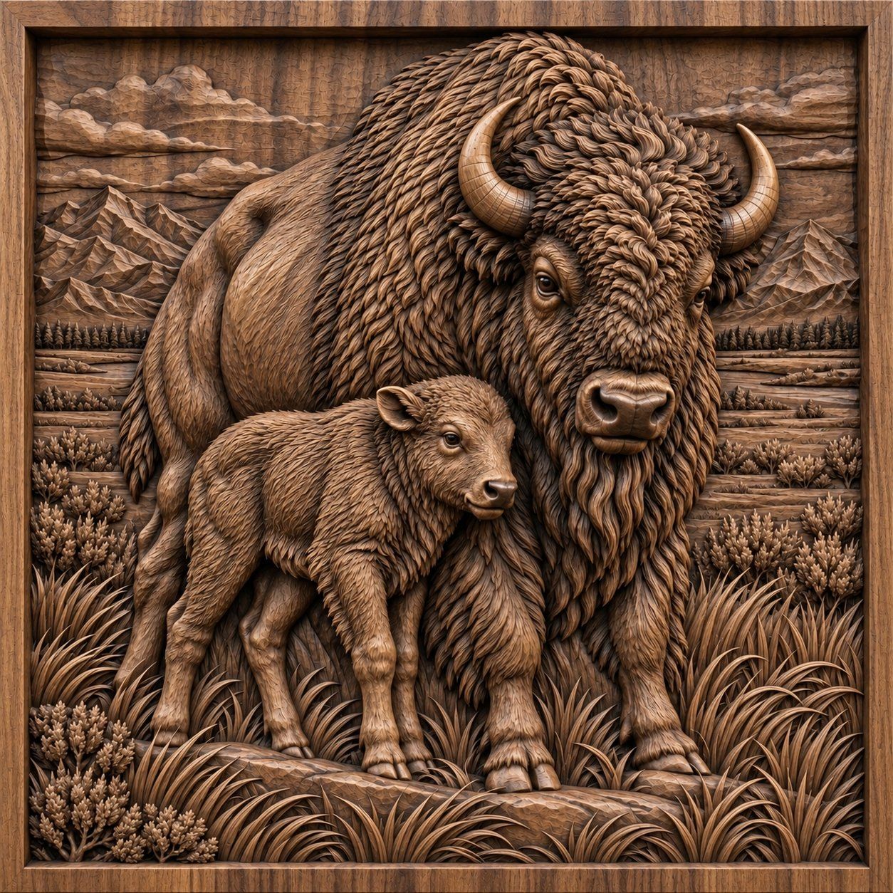 American Bison Buffalo and Calf CNC Relief STL bas-relief STL — view 13