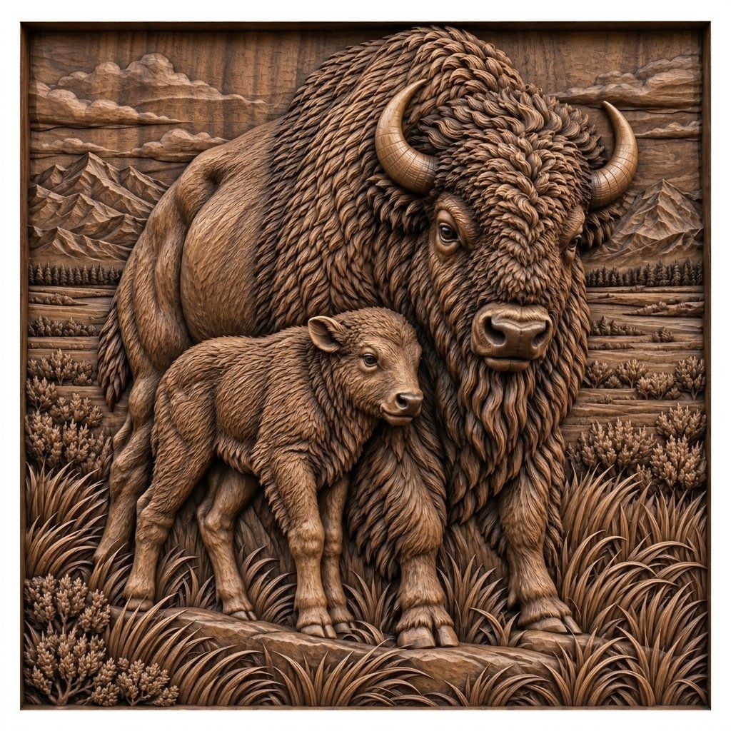 American Bison Buffalo and Calf CNC Relief STL bas-relief STL — view 14