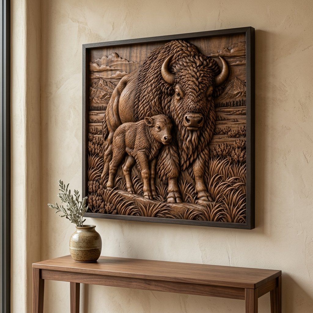 American Bison Buffalo and Calf CNC Relief STL bas-relief STL — view 15