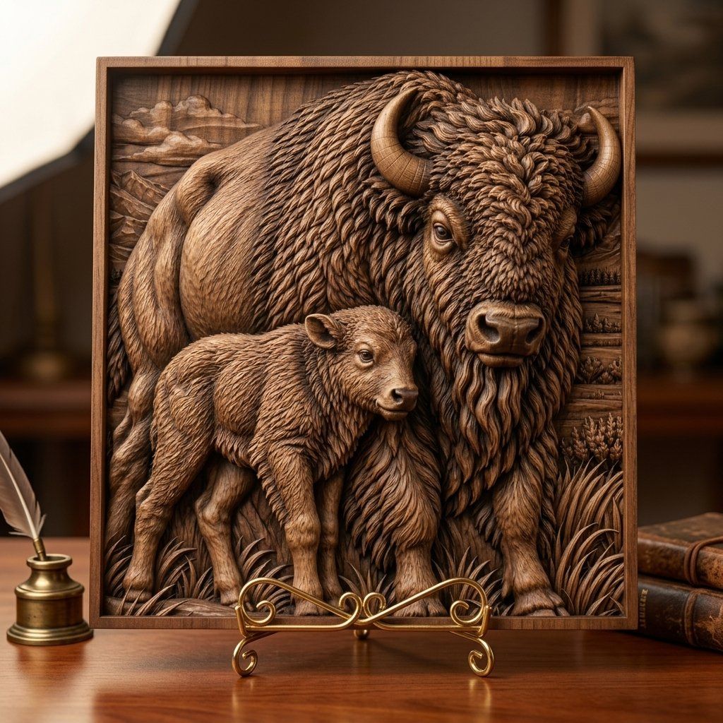 American Bison Buffalo and Calf CNC Relief STL bas-relief STL — view 3